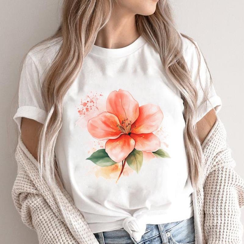 (Asian Size) feather style lovely Print Short Sleeve T-shirts Fashion Female Casual Women's Top T Clothing O-neck Graphic Tee