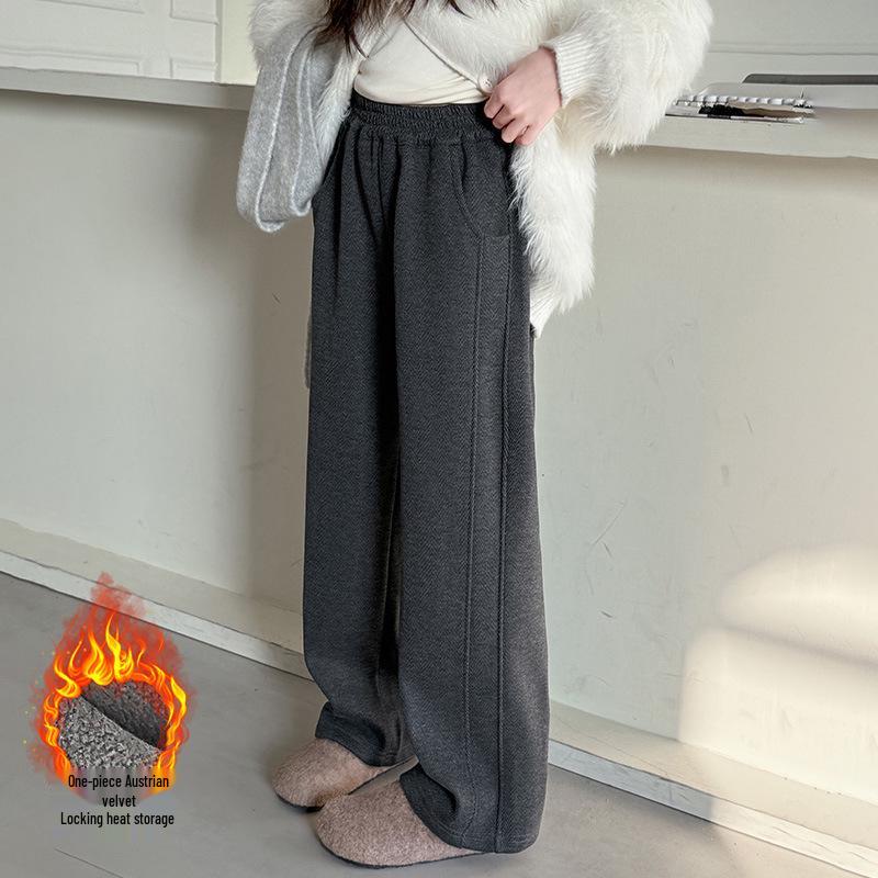 Girls' Velvet Wide-Leg Pants Winter 2025: Trendy Slim Fit, Thick Warmth, Straight-Leg Long Pants for Big Girls