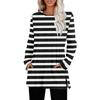 Women's Striped Printed Round-neck Long-sleeved Top With Pockets And Side Slits