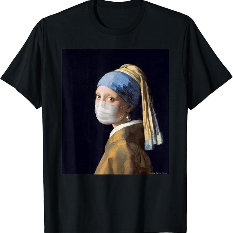 Famous Painting Girl With A Pearl Earring Wearing Mask T Shirt - Men s Summer Cotton Graphic Tee S разноцветный