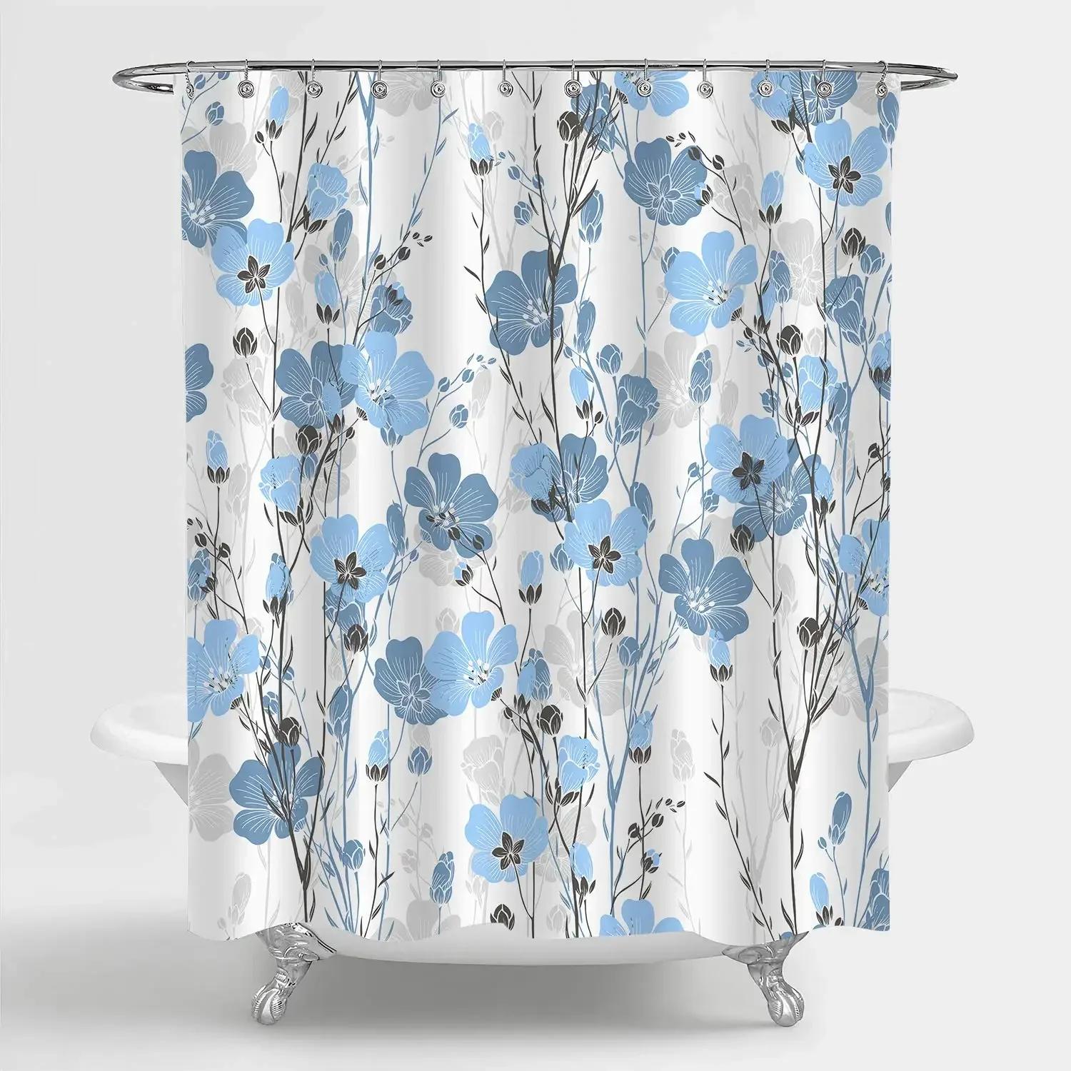 Classic Flower Garden ,Fabric Print Design Blue Leah Shower Curtain,Bathroom Elegant Floral Bath XT6 W90xH180cm