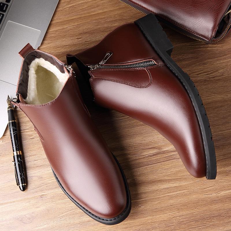 Fashion Winter Leather Velvet Warm Cotton Shoes for Men Fashion Soft Sole Men's Leather Boots New Designer Non-slip Ankle Boots Male