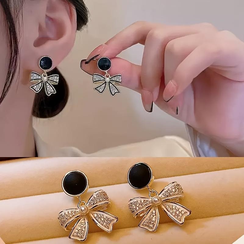 

1 Pair Black Rhinestone Bow Tie Earrings, Unique Design Women s Jewelry - Valentine s Day Gift белый