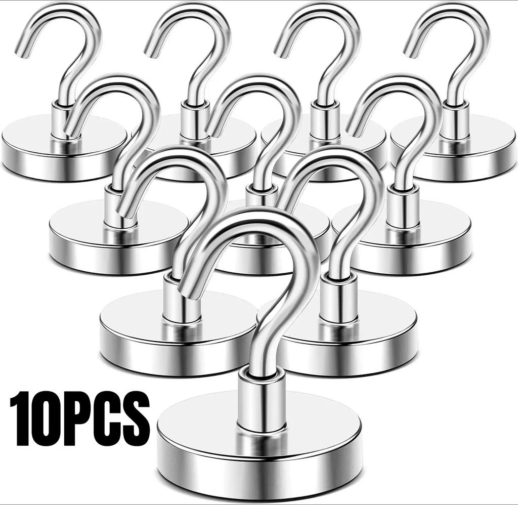 10PCS Strong Neodymium Magnet Hooks, Heavy Duty Set, for Hanging Organizer, Magnetic Hanger, Durable Storage Solution