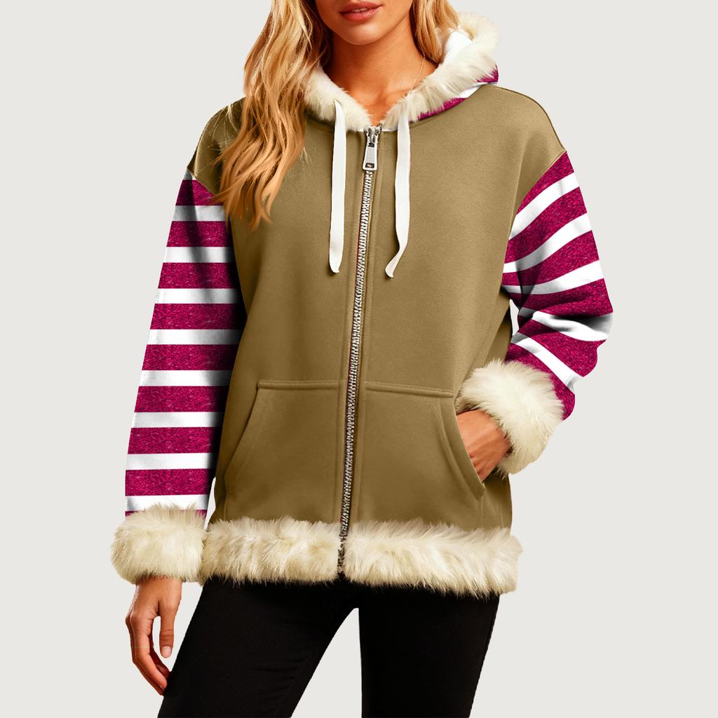 Women's Comfortable Loose Fashion Casual Striped Print Long Sleeve Pockets Hooded Sweatshirt Jacket