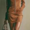 2025 Suede Stand Collar Long Sleeve Dress with Zipper Pocket