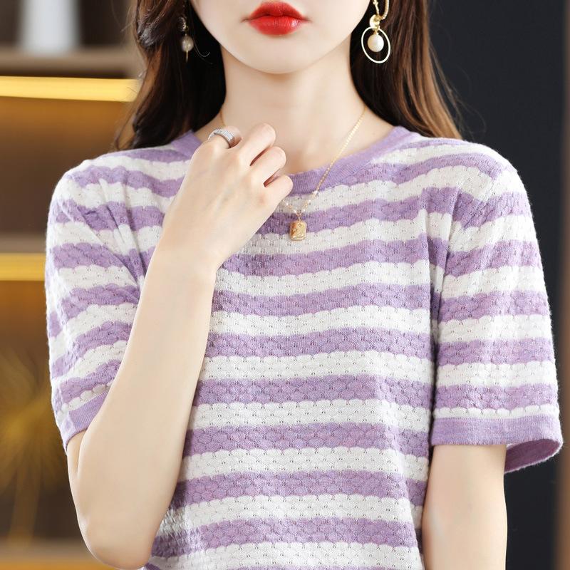 

Thin Contrasting Striped Short-sleeved Summer New Round Neck Loose Pullover Versatile Hollow Fashionable Top S