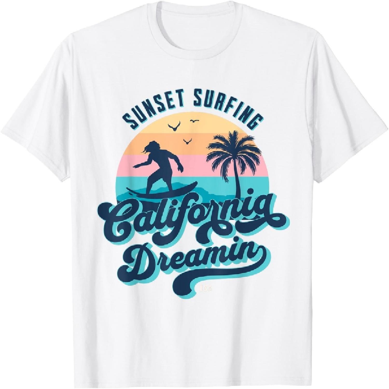 Sunset Surfing California Dreamin USA Surfer T-Shirt S