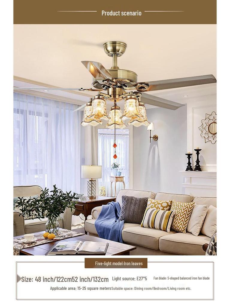 Mid-Century European Retro Ceiling Fan Light with Iron Blades - Variable Frequency High Airflow for Living Rooms or Restaurants.