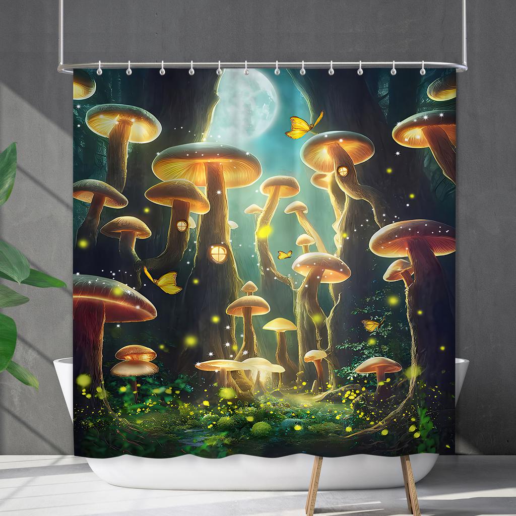 Bathroom Waterproof Curtain Digital Printing Plant Mushroom Shower Curtain Non-Punching Toilet Partition Curtain Shower Cloth