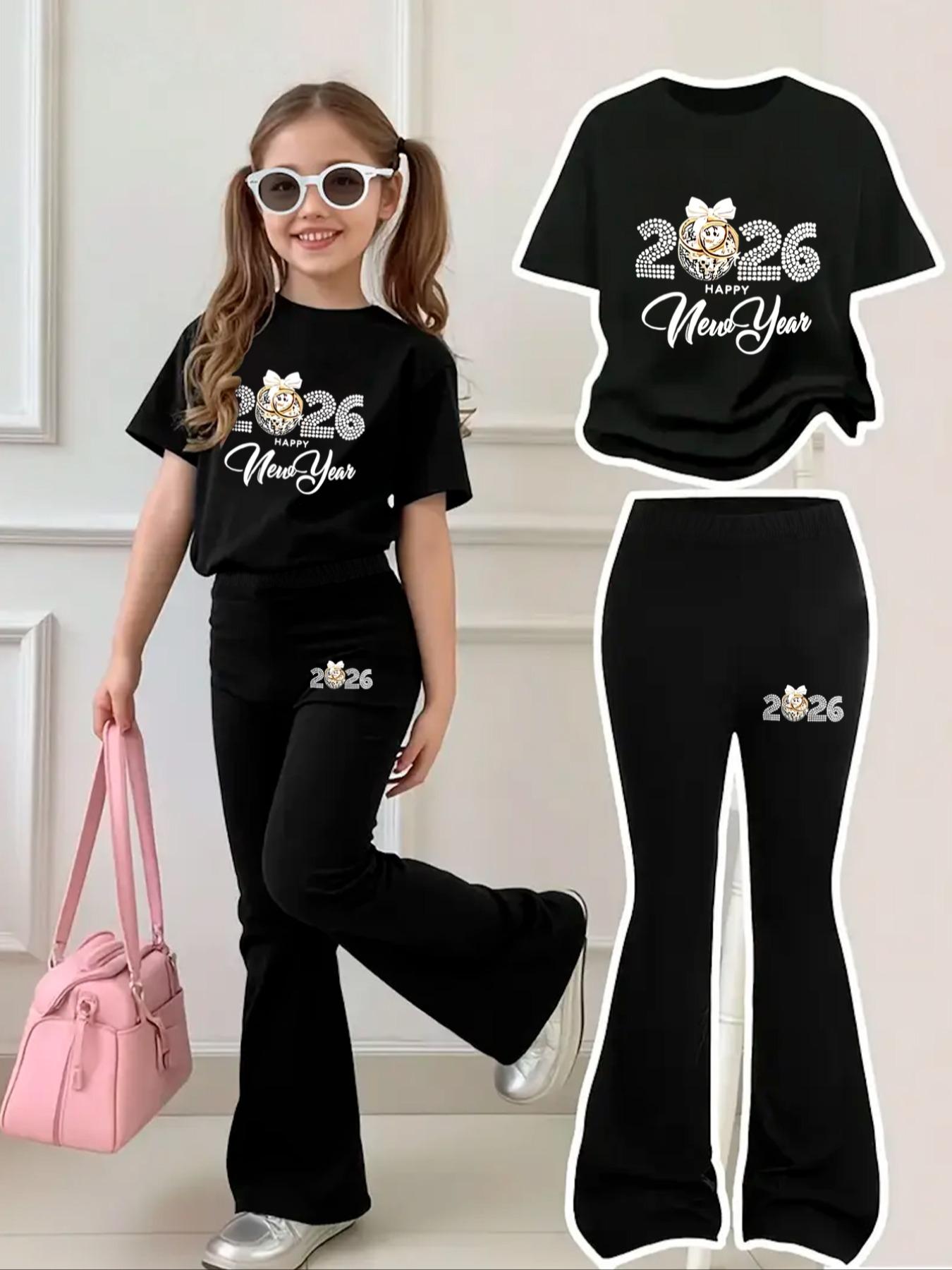 

Детский костюм для девочек, короткий рукав, для возраста 4-12 лет, милый мишка, обычная футболка с коротким рукавом и расклешенные брюки, комплект из двух предметов 120 чёрный