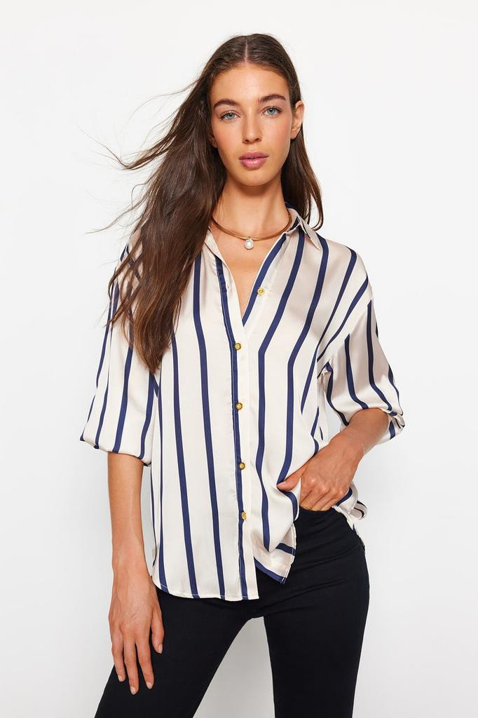 Women's Fashion New Shirt Ecru Striped Satin Woven Shirt