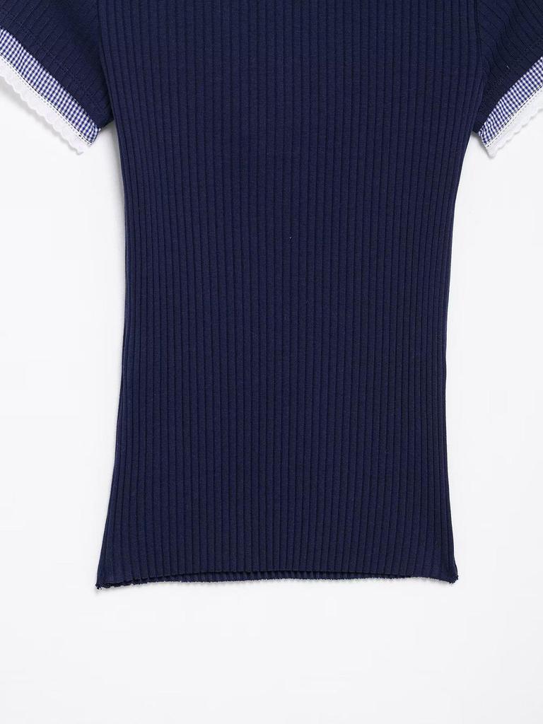 2025 European & American Style Women's Spring Ribbed T-Shirt with Turn-Down Collar