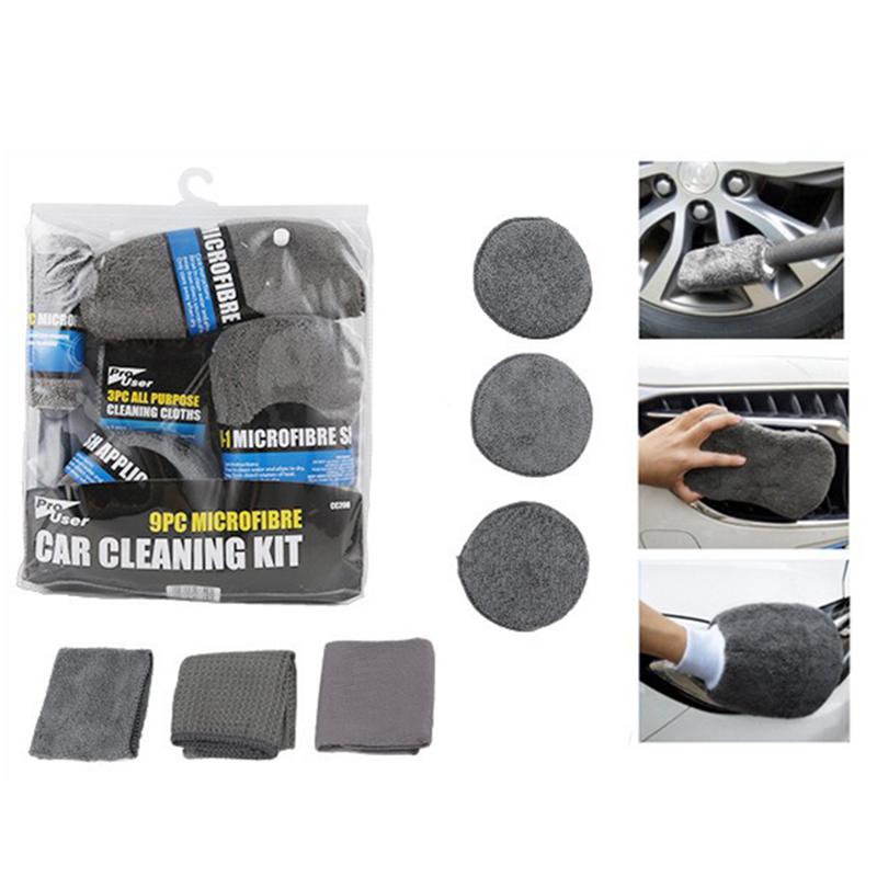 9 Stuks Auto Wassen Schoonmaak Kits Microvezel Handdoeken Blush Spons Wasghandschoen Polijst Verzorging Applicator Pads Auto Wassen Accessoires