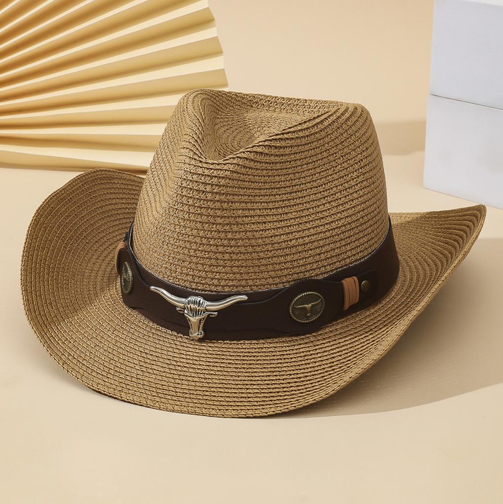 Vintage Westernstroh-Cowboyhut Unisex mit Gürtelschnallen-Dekoration Geeignet für Outdoor-Strandurlaub Breiter Rand Sonnenschutzhut Urlaubsgeschenk