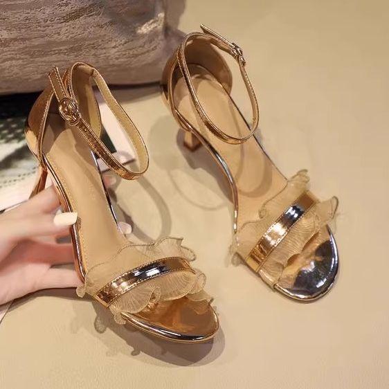 Open-toed Lace Sandals Women's 2025 Summer New Versatile Fine Heel Mesh Yarn with Skirt One-word High Heels