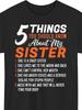 Lustiges Übergrößen-T-Shirt für Damen 5 Dinge über meine Schwester - Bequemes Rundhals-Kurzarm-T-Shirt, Leicht zu waschen, Lässig