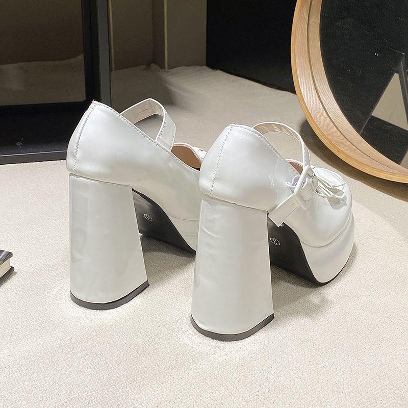Autumn Single Shoes Thick Sole Thin Bow High Heel Mary Jane Shoes Sweet Cool Small JK Girlish Feeling Heightened Leather Shoes