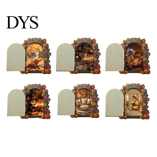 Fall Home Decor Accents Elf Wooden Door Halloween Decor, 2D Fairy Mouse Miniature Wall Rustic Autumn Shelf Hanging, Ornament for Home, Thanksgiving