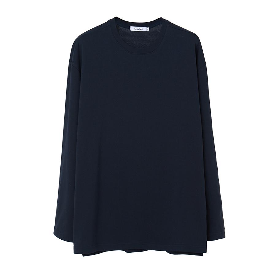 Arrayed Relaxed Cotton Round Long Sleeve T-Shirt [Black]