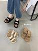 Furry belt buckle one-word open-toe round head thick-soled slippers outer wear 2025 fashion casual beach cool slippers