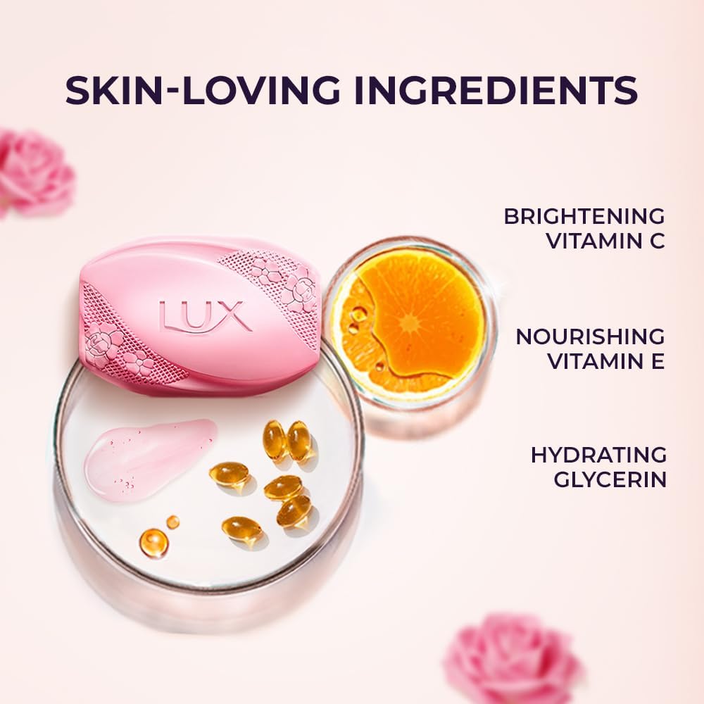 Lux Radiant Glow Beauty Soap Bar With Rose Vitamin C And E For Superior Glow Pack Of 8 X 150g For Face And Body Moisturizing