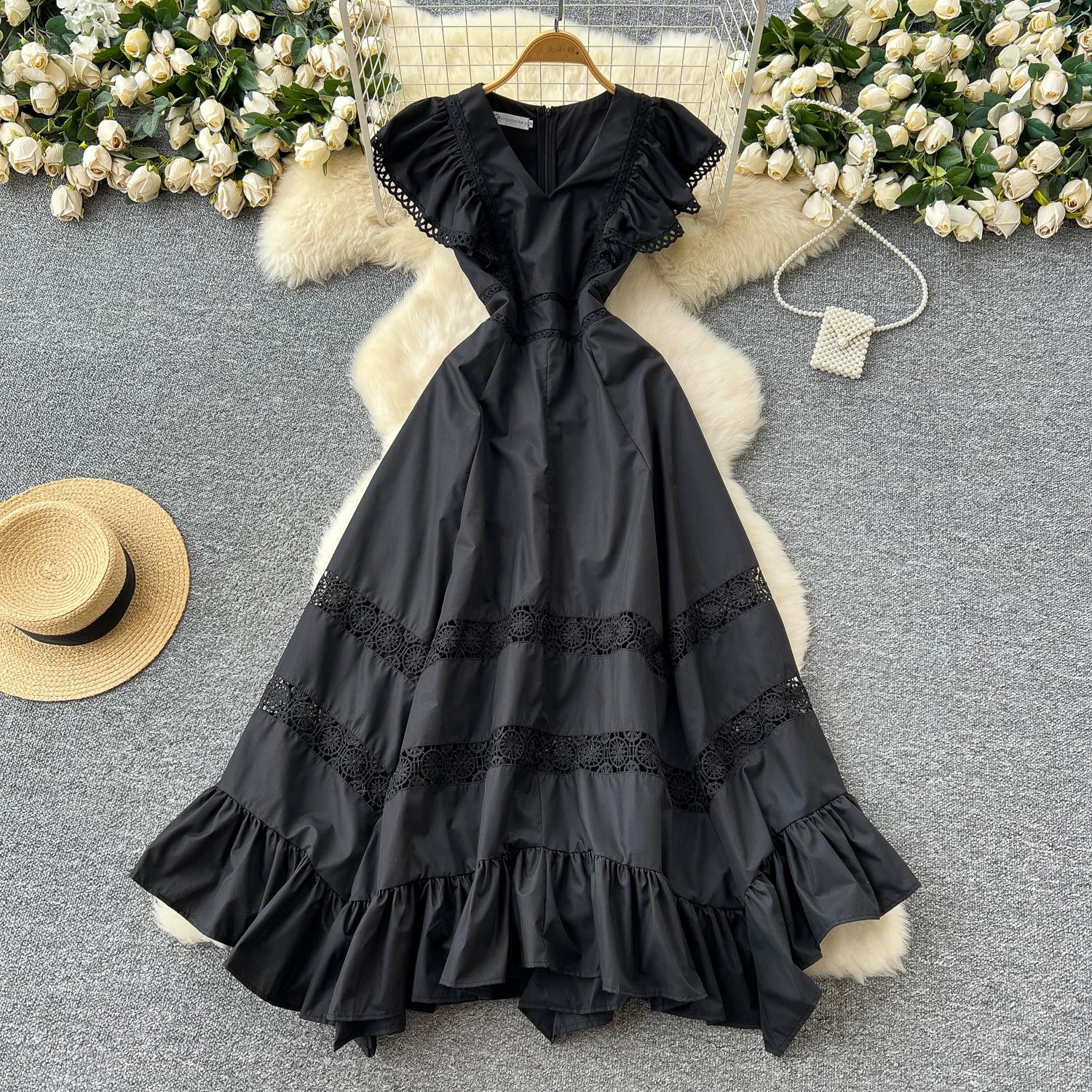 

Летние женские V-образный вырез бабочка рукав вышивка кружево пэчворк пляжный морской длинный макси нерегулярные платья 2XL чёрный