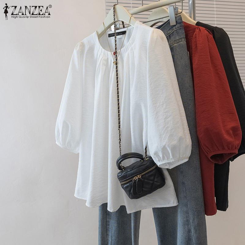 ZANZEA Dámská ležérní halenka s kulatým výstřihem, jednobarevná, s 3/4 rukávem, volného střihu