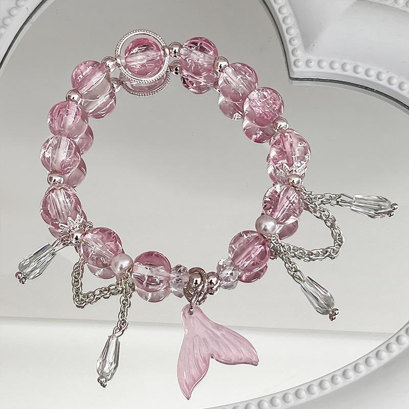 Korean Pink Crystal Flowers Butterfly Pendant Beaded Bracelet For Women Sweet Beads Chain Bracelets Girlfriend Jewelry Gifts