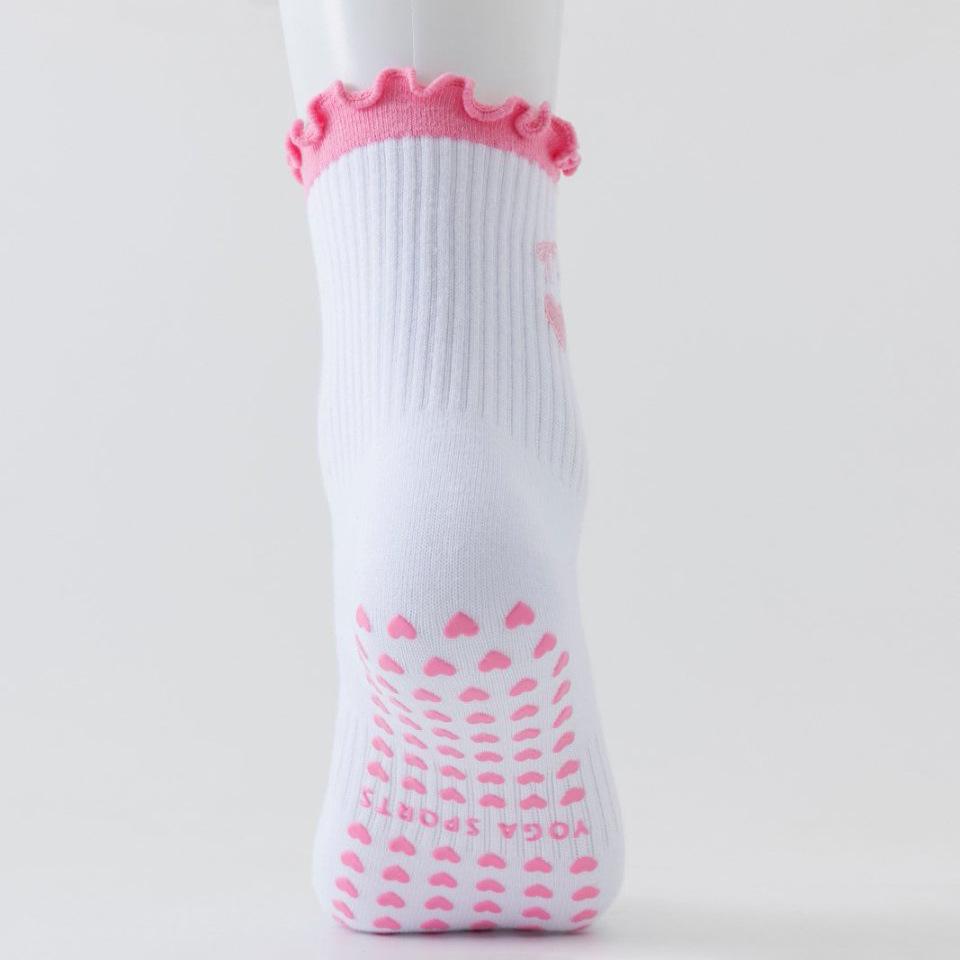 Women's Cotton Mid-Calf Yoga Socks with Anti-Slip Silicone - Wood Ear Lace Design for Indoor Fitness and Pilates