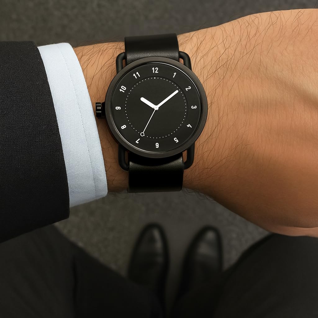 TID Watches 40mm Black Dial Black Leather Strap Quartz Watch Unisex Minimalist Design Nordic Swedish Inspired No.1