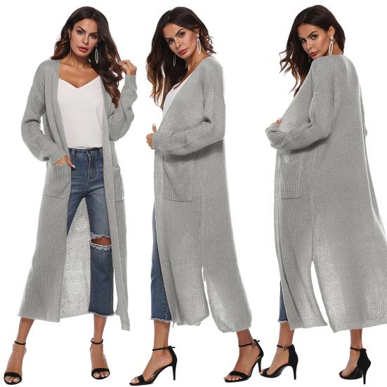Lässiger Damen Herbst Winter Einfarbig Langarm Schlitztaschen Warmer Cardigan