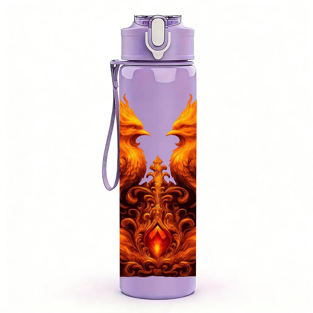 1PC Dual Phoenix Fire Bird Creature Print 750ml Color Plastic Sports Water Bottle Leakproof Flip Straw Lid Suitable for Sports Office Home Use