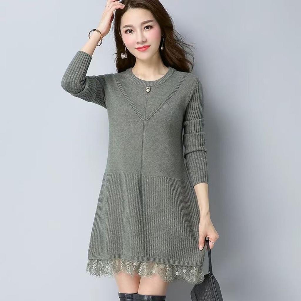Dámské svetry plus size Krajkové svetrové šaty Jednobarevné Volné Svetry s dlouhým rukávem
