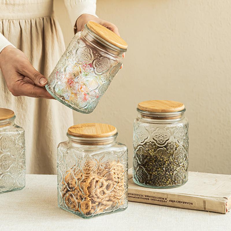 Delicate Relief Glass Storage Jar Household Moisture-Proof Sealed Jar Coffee Tea Storage Transparent Kitchen Storage Jar
