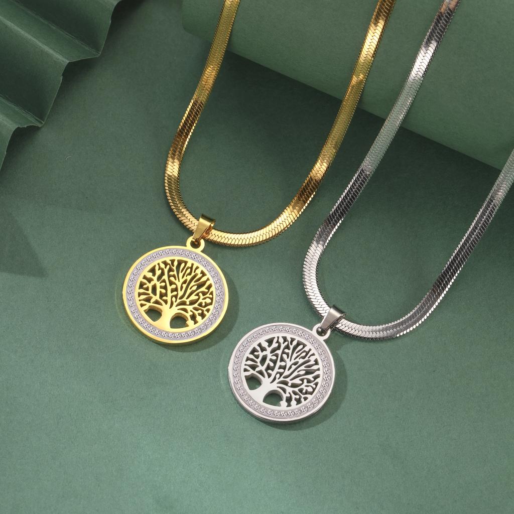 Lemegeton Zircon Tree of Life Necklace for Men Women Stainless Steel Jewelry Round Charm Lucky Accessories Party Family Gifts