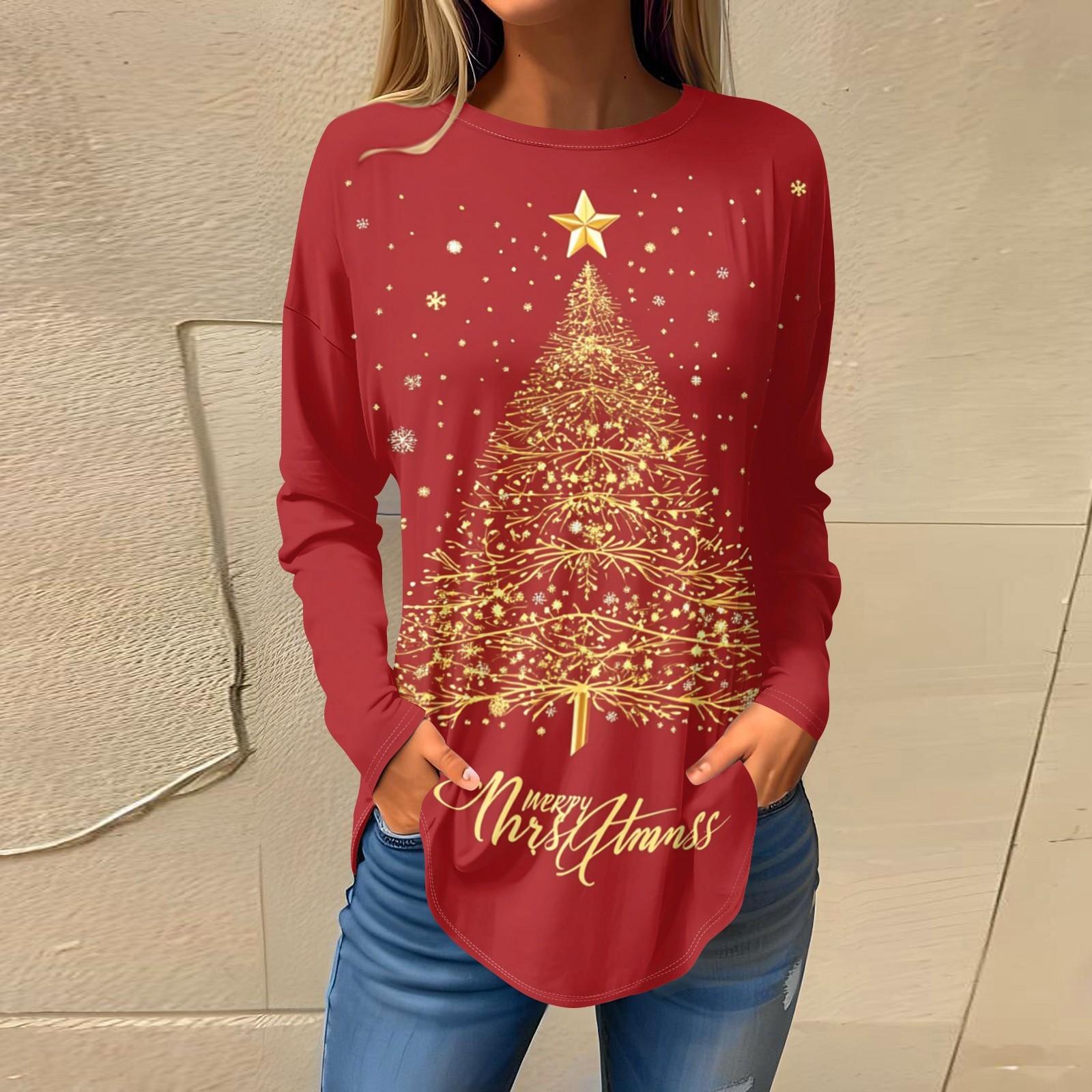 

Футболки для женщин, осенние повседневные рубашки с длинным рукавом, толстовки с винтажным графическим принтом, топы, пуловеры, рождественские XXXL красный