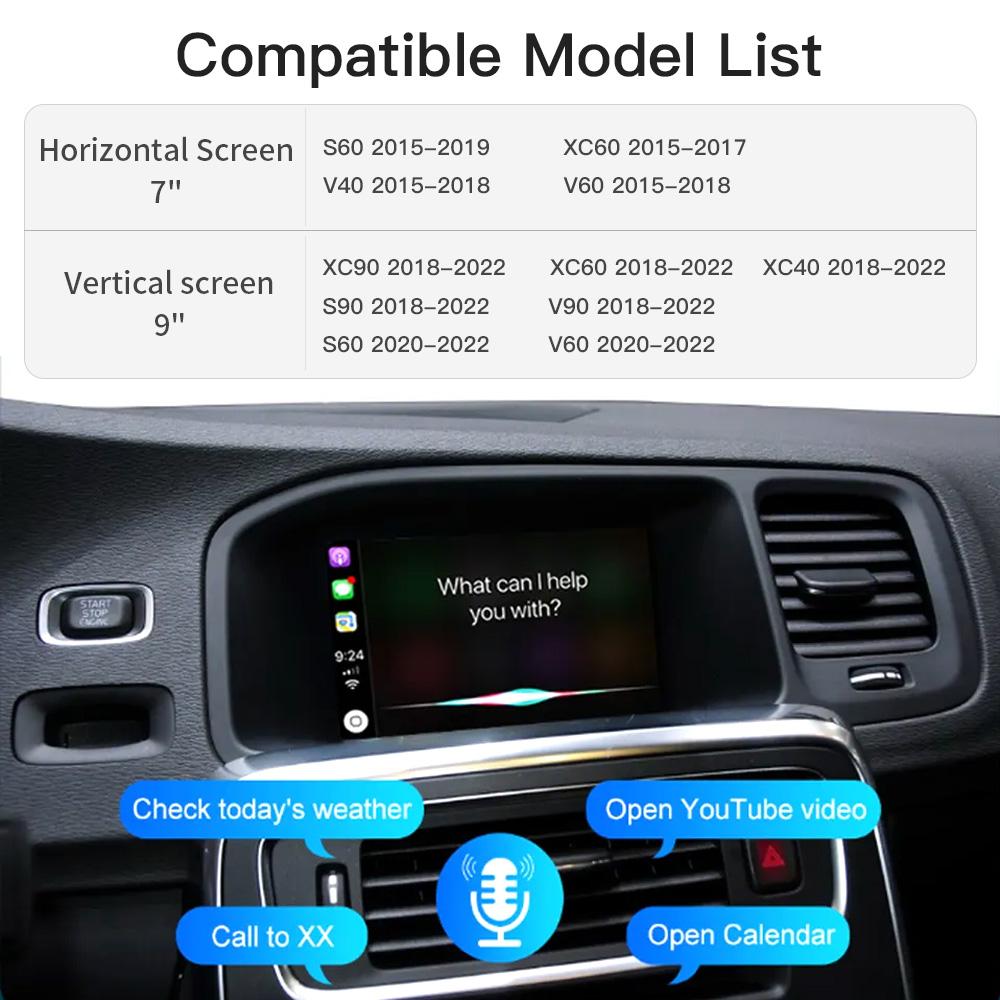 AUTOABC Kabelloses/verkabeltes Carplay Android Auto-Modul für Volvo V40 V60 V70 S60 S80 XV60 XC70 D2 5.8 OEM-Bildschirm Radiokamera