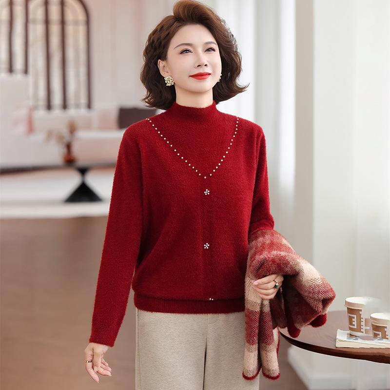 Women's Velvet Thick Coat with Half-high Collar, Winter Knit Two-piece Set for Middle-aged and Elderly Mothers