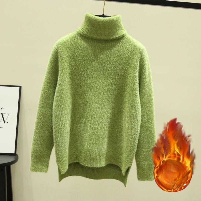 Winter Turtleneck  Thicken Sweater Women Casual Warm Plush Lining Knit Tops Add Velvet Bottomed Blue Pullover