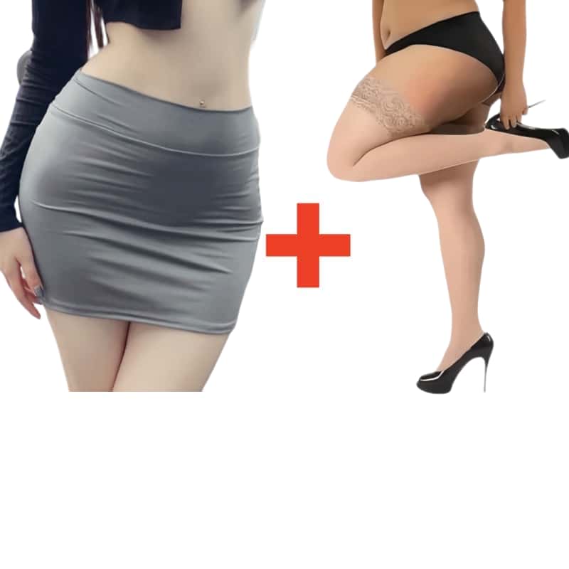 2PCS/SET Women High Waist Pencil Mini Skirts+Stockings Dress Set,Sexy Casual Wrap Hips Black Short Skirt and Pantyhose