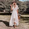 Vintage Chic Damen Weiß Stickerei Spitze Kurzarm Strand Bohemian Slim Fit Unregelmäßigen Fischschwanz Kleid Robe Damen V-ausschnitt Boho Kleid