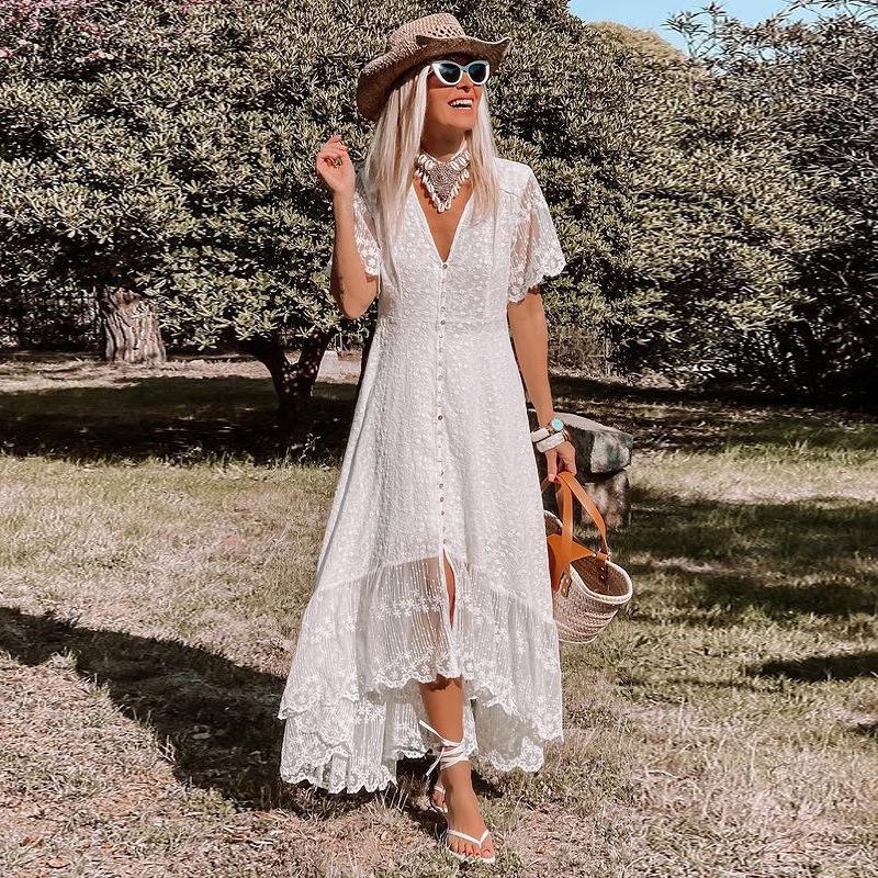 Vintage Chic Damen Weiß Stickerei Spitze Kurzarm Strand Bohemian Slim Fit Unregelmäßigen Fischschwanz Kleid Robe Damen V-ausschnitt Boho Kleid