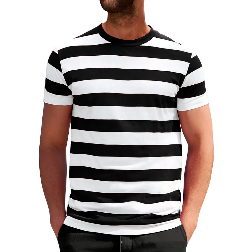 Men Crew Neck Short Sleeve Striped T Shirt Casual Fit Soft Fabric Lightweight Breathable Classic Style Top
