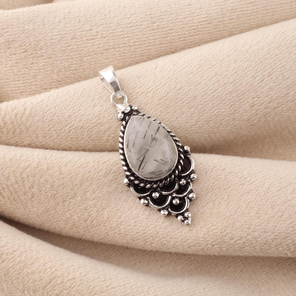 Black Rutile Gemstone 925 Sterling Silver Jewelry Designer Pendant 1.5" For Birthday Gift PP-70-32