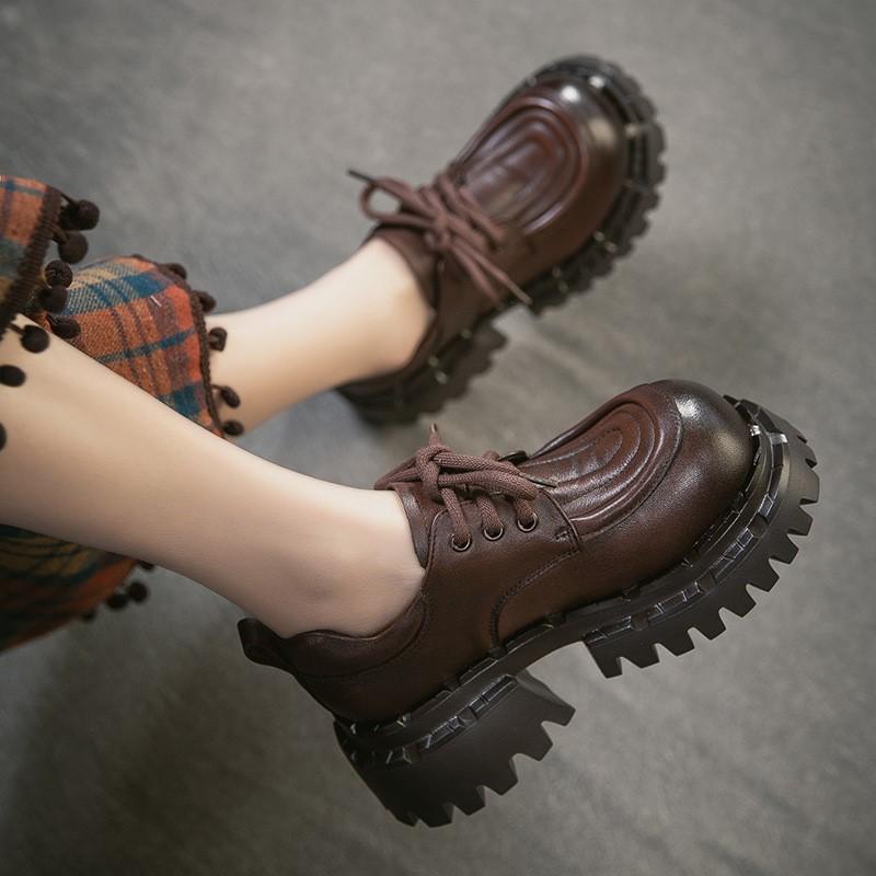 Johnature Britischer Stil Schnürschuhe Runde Spitze Dicke Sohle Echte Leder Vielseitige Damen High Heels Pumps