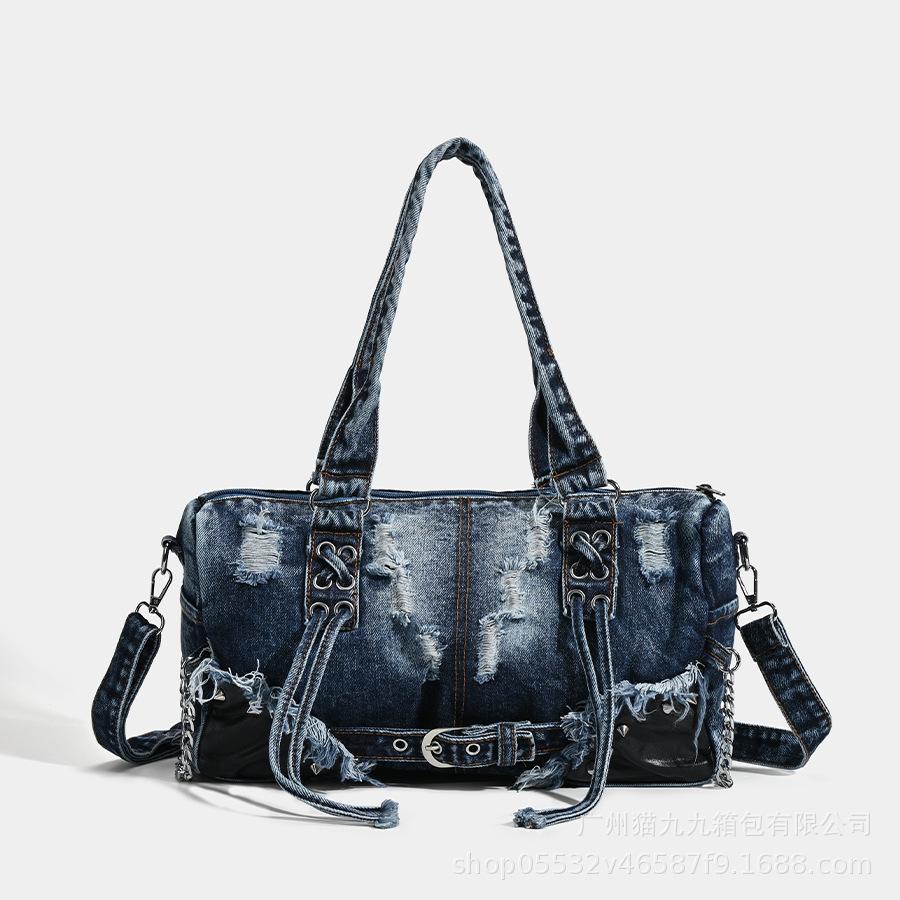 

Large Capacity Women s Bag, Washed Denim Bag, Motorcycle Bag, Trendy Bag, One Shoulder Crossbody, Hand-held Tote, Light Luxury синий