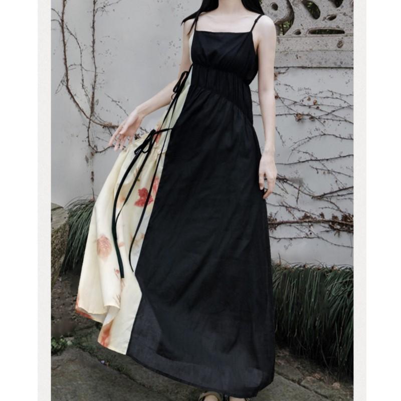 Johnature Woman Summer Chinese Style Print Devise A-Line Dress Niche Casual Vintage Sleeveless Dress