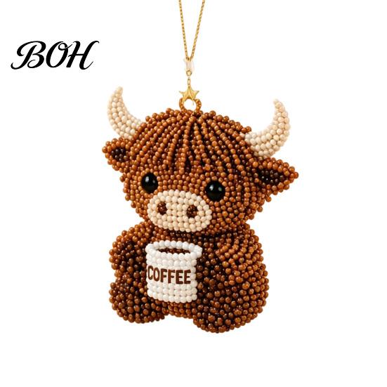 Stress Relief Craft DIY Highland Cow Beading Kit, Cute 3D Bead Pendant Handmade Ornaments with Colorful Beads And Instructions, Beadwork Kit