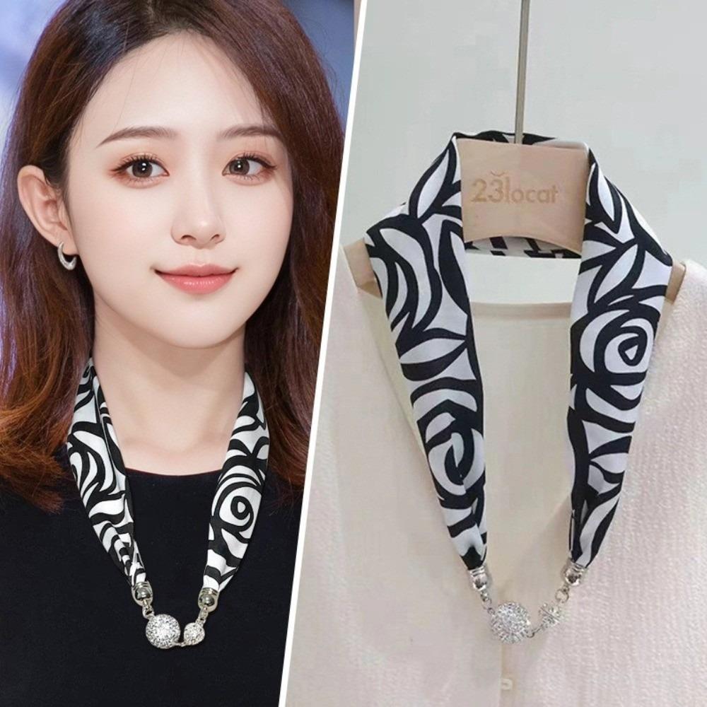 Pearl Diamond Silk Scarf Korean Retro Women's Scarf Chain Magnetic Buckle Scarf  Effortless Styling